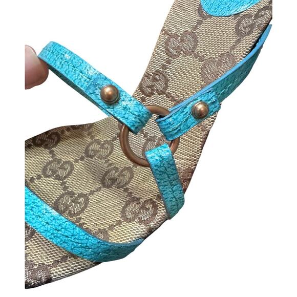 Auth Gucci GG Canvas Logo Turquoise Blue Strappy Heel Sandals Size 36 C W/Box - Picture 11 of 15